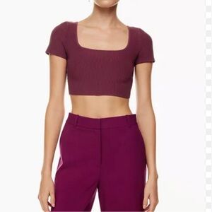 Aritzia Babaton Sculpt Knit Square Neck Crop Top Short Sleeve Ribbed Plum